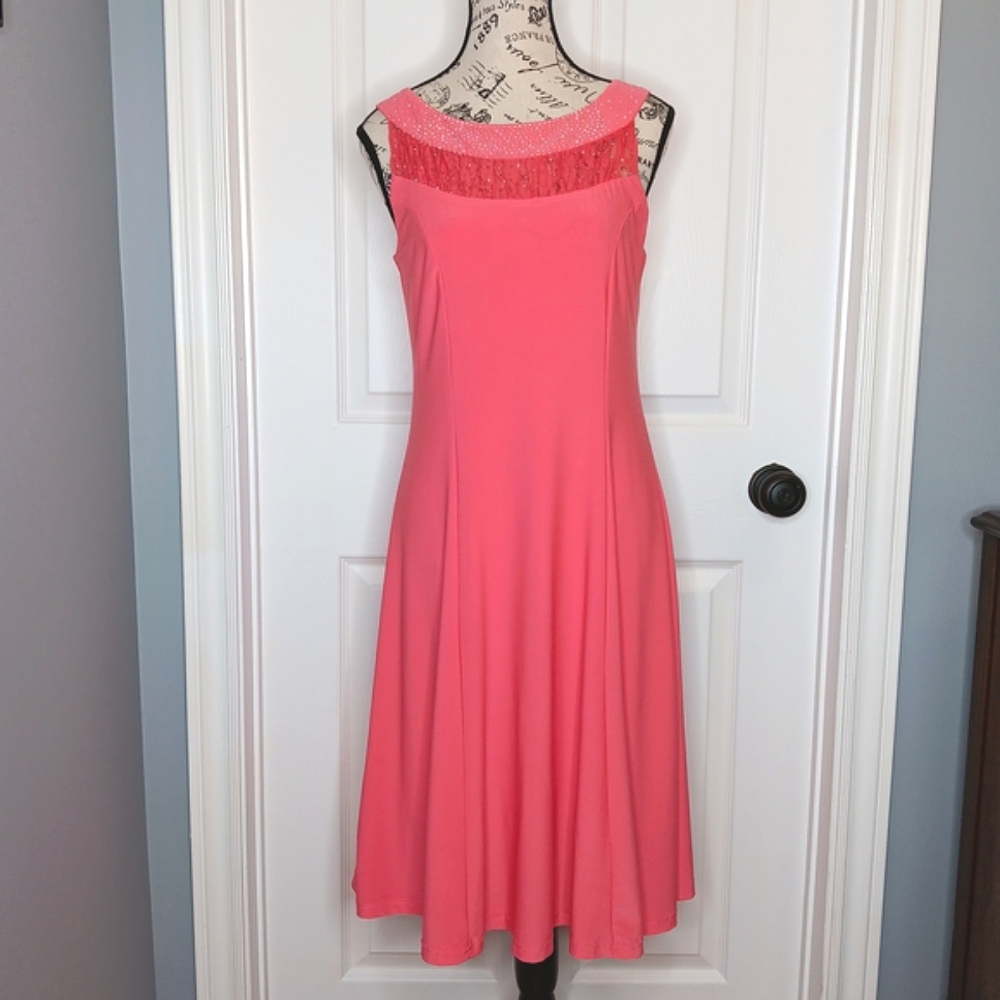 Lavena Women's Coral Pink Sleeveless Dress Midi Size S Sequin Neckline Wedding